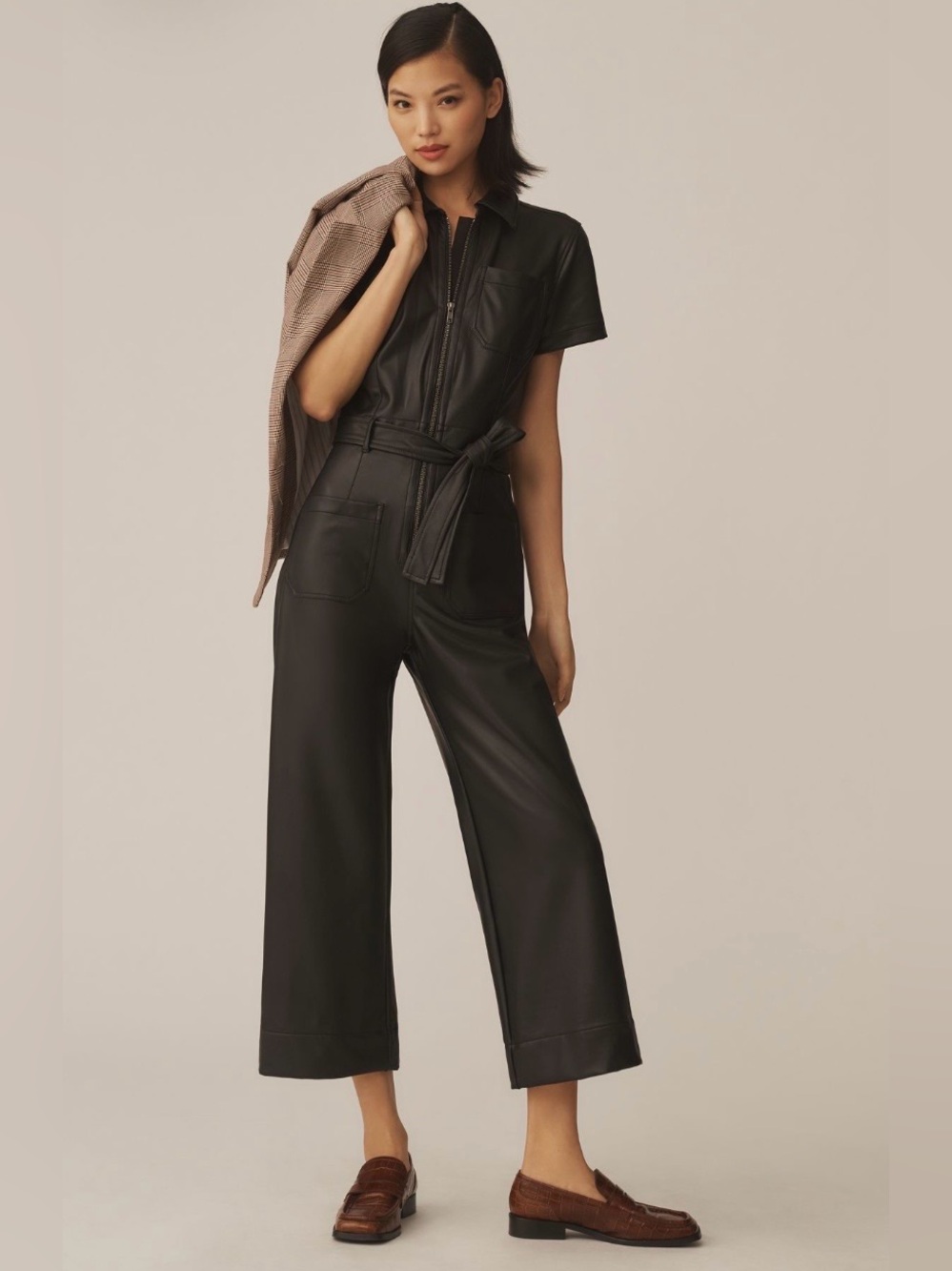 Anthropologie - Maeve Colette  Black Faux Leather Short-Sleeve Jumpsuit